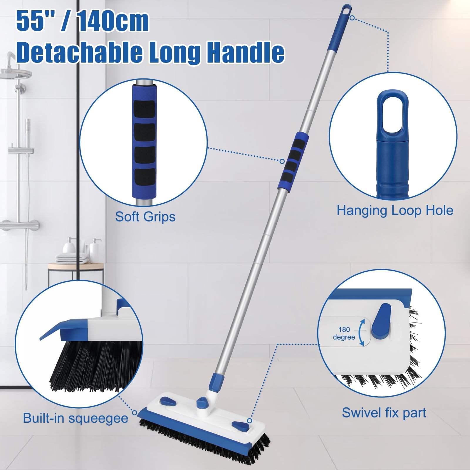 Household 3 in 1 Squeegee Floor Scrubber Bathroom Patio Garage Cleaning Brush Long Handle Floor Scrub Brush