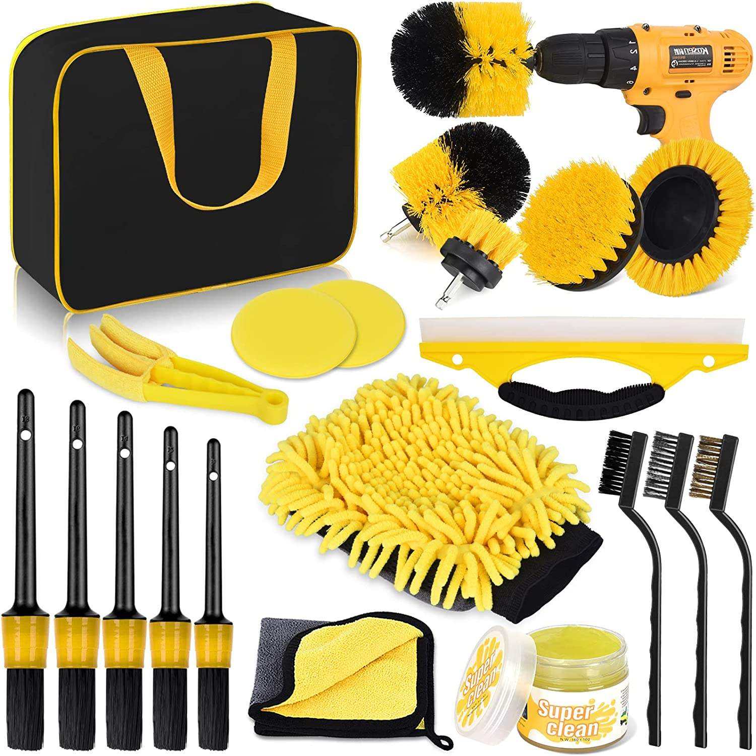 23Pcs Exterior Interior Car Wash Cleaning Tools Kit Tire Towels Drill Brush Window Scraper Set with Box Car Wash Equipment