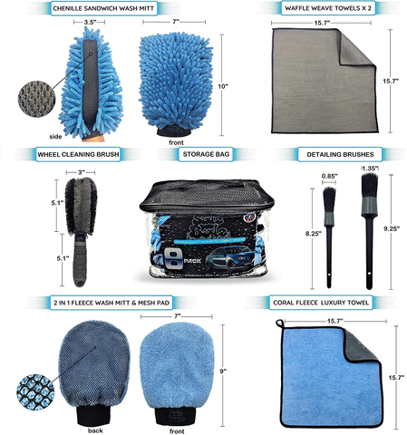 Premium Microfiber Car Wash Kit 8pcs Car Detailing Brush Set Chenille Mitt, Microfiber Towels, Wheel Brush