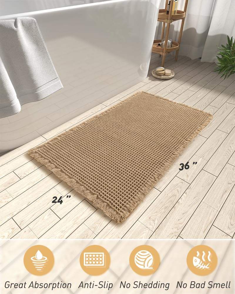 Waffle Bath Mats Super Absorbent Non Slip Bath Mats for Bathroom Floor Machine Washable Bathroom Rugs with Tassels