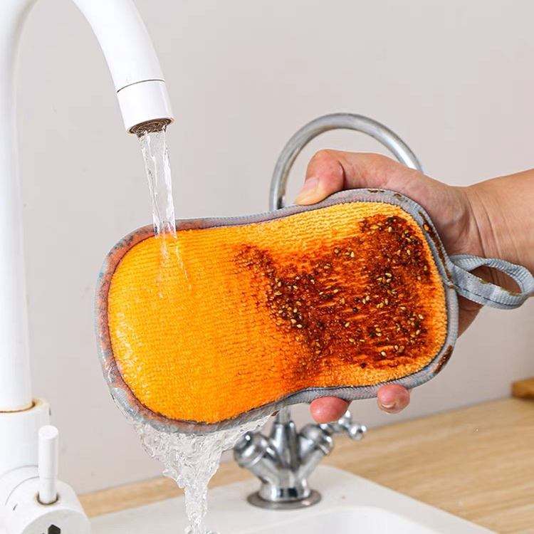 Double Sides Kitchen Microfiber Household Cleaning Dish Washing Sponge Washable Cleaner Brush