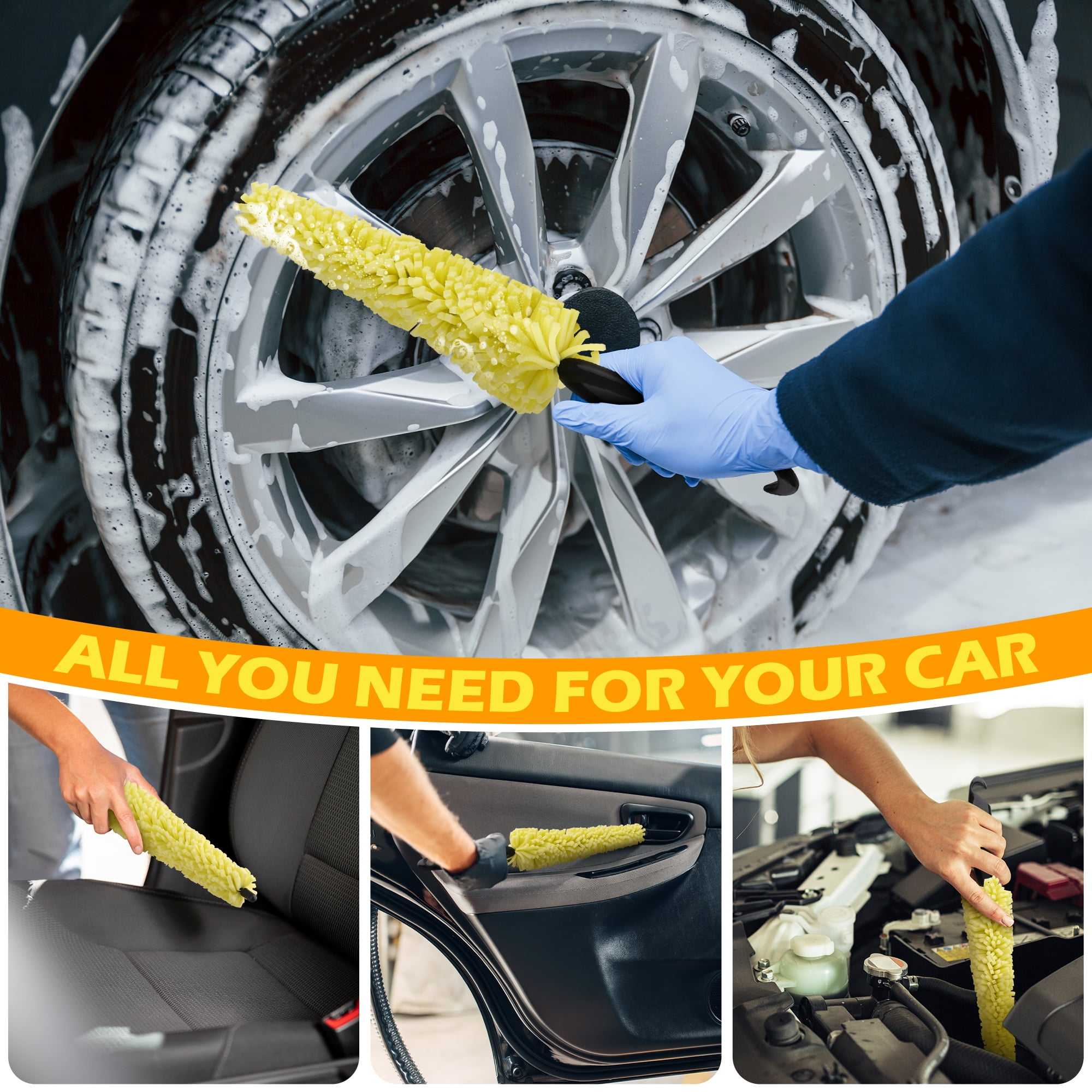 Car Wash Portable Microfiber Wheel Tire Rim Brush Cleaning Car with Plastic Handle Wash Detailing Tools