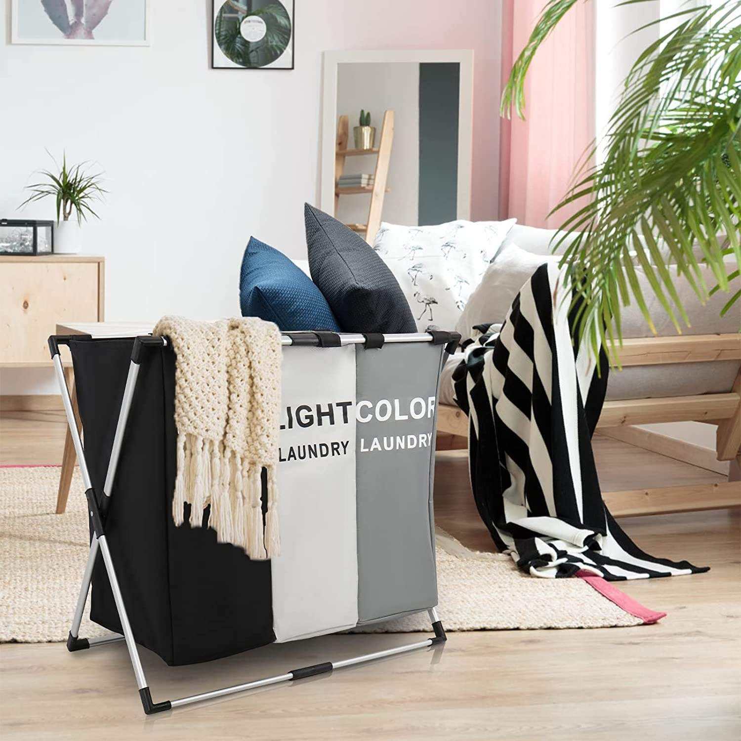 Foldable 150L Laundry Basket 3 Sections Large Dirty Clothes Laundry Bag Sorter for Bathroom