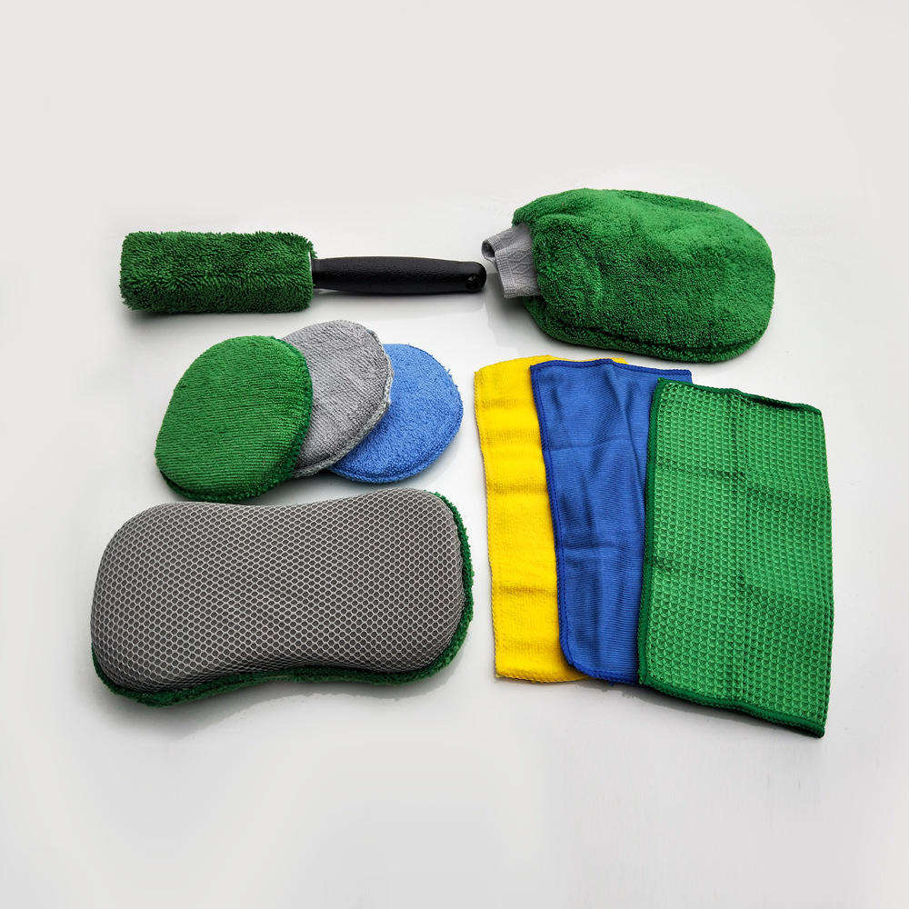 Microfiber 9-pack Car cleaning Set Waffle Weave Towel Car Brush Sponge Car Cleaning Kit