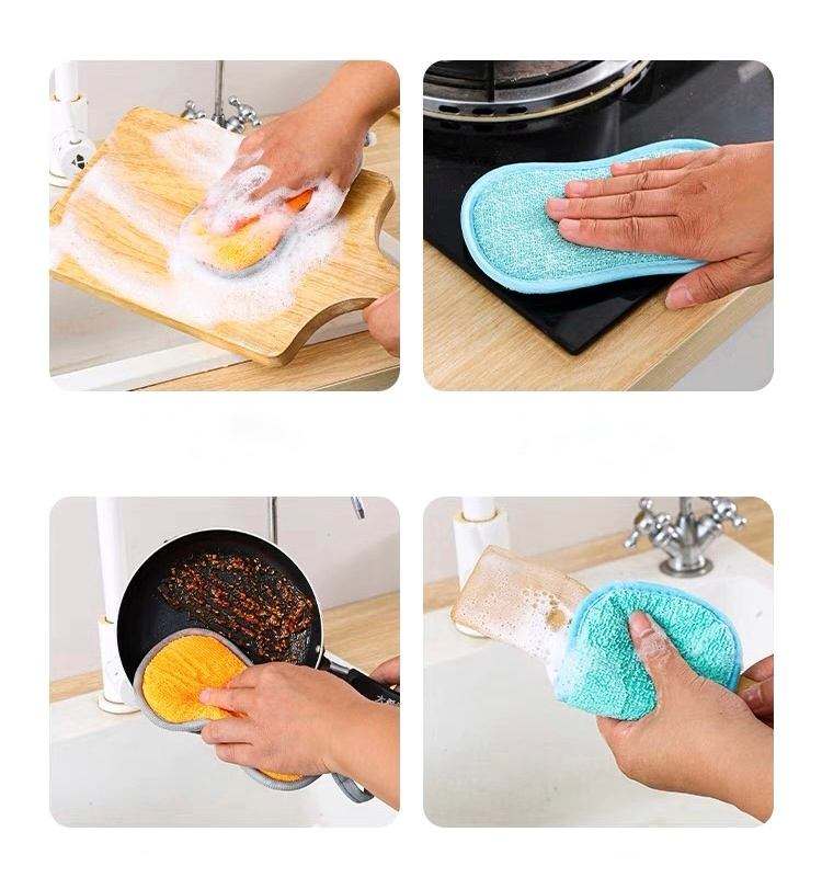 Double Sides Kitchen Microfiber Household Cleaning Dish Washing Sponge Washable Cleaner Brush