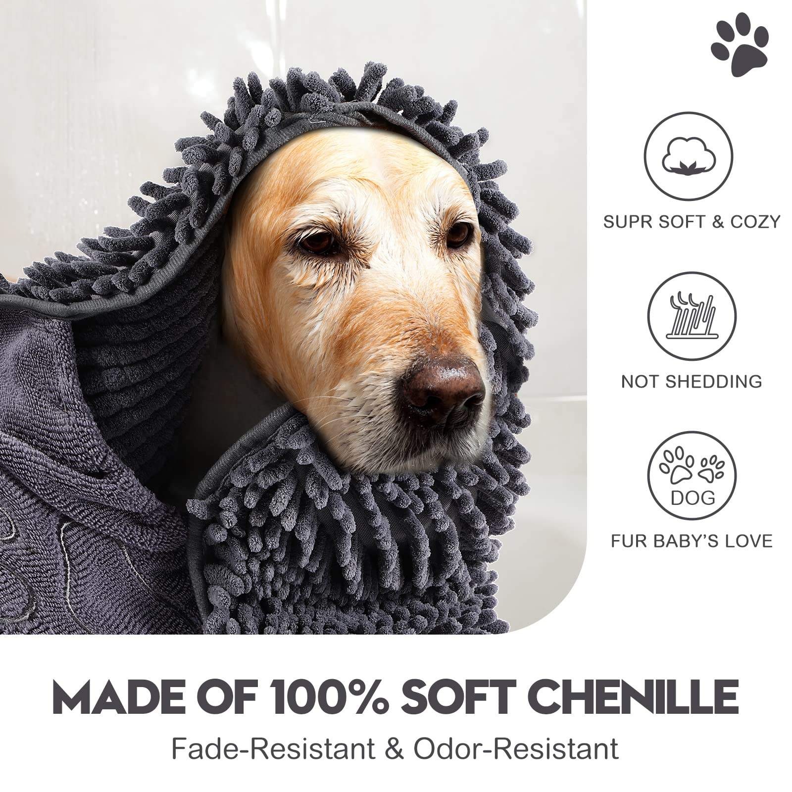 Custom Super Absorbent Quick Dry Chenille Microfiber Dog Towel for All Breeds Dogs Drying with Hand Pockets