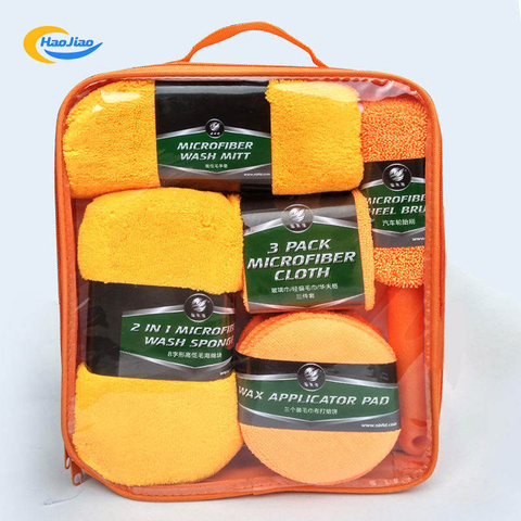 Microfiber 9-pack Car cleaning Set Waffle Weave Towel Car Brush Sponge Car Cleaning Kit