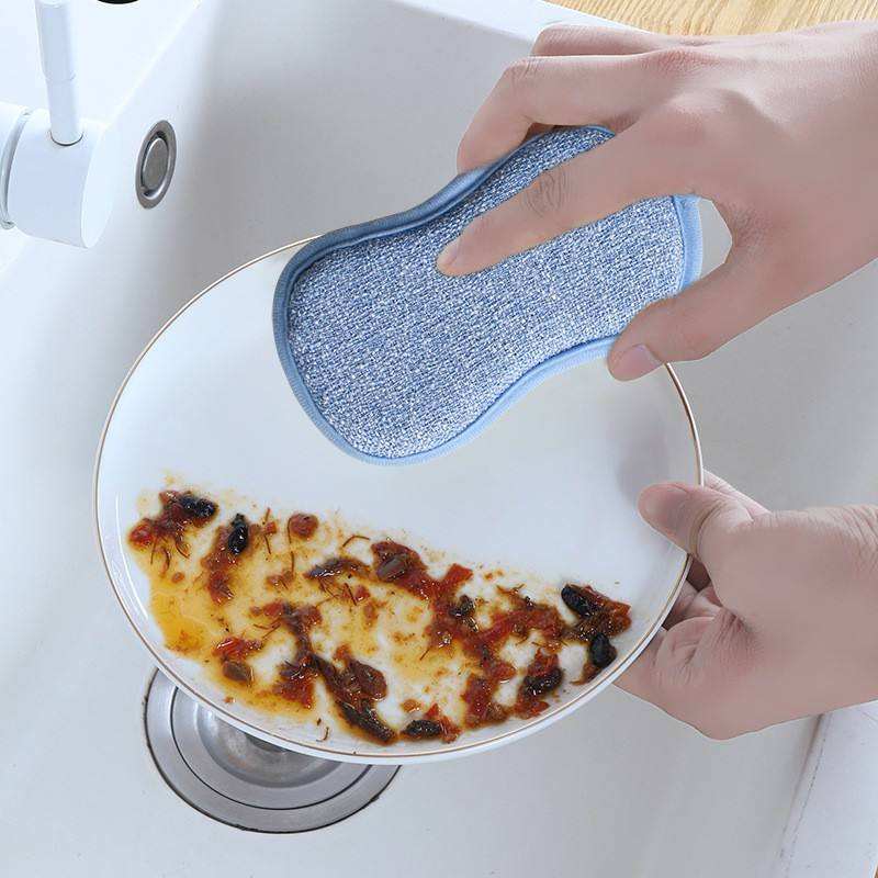 Double Sides Kitchen Microfiber Household Cleaning Dish Washing Sponge Washable Cleaner Brush