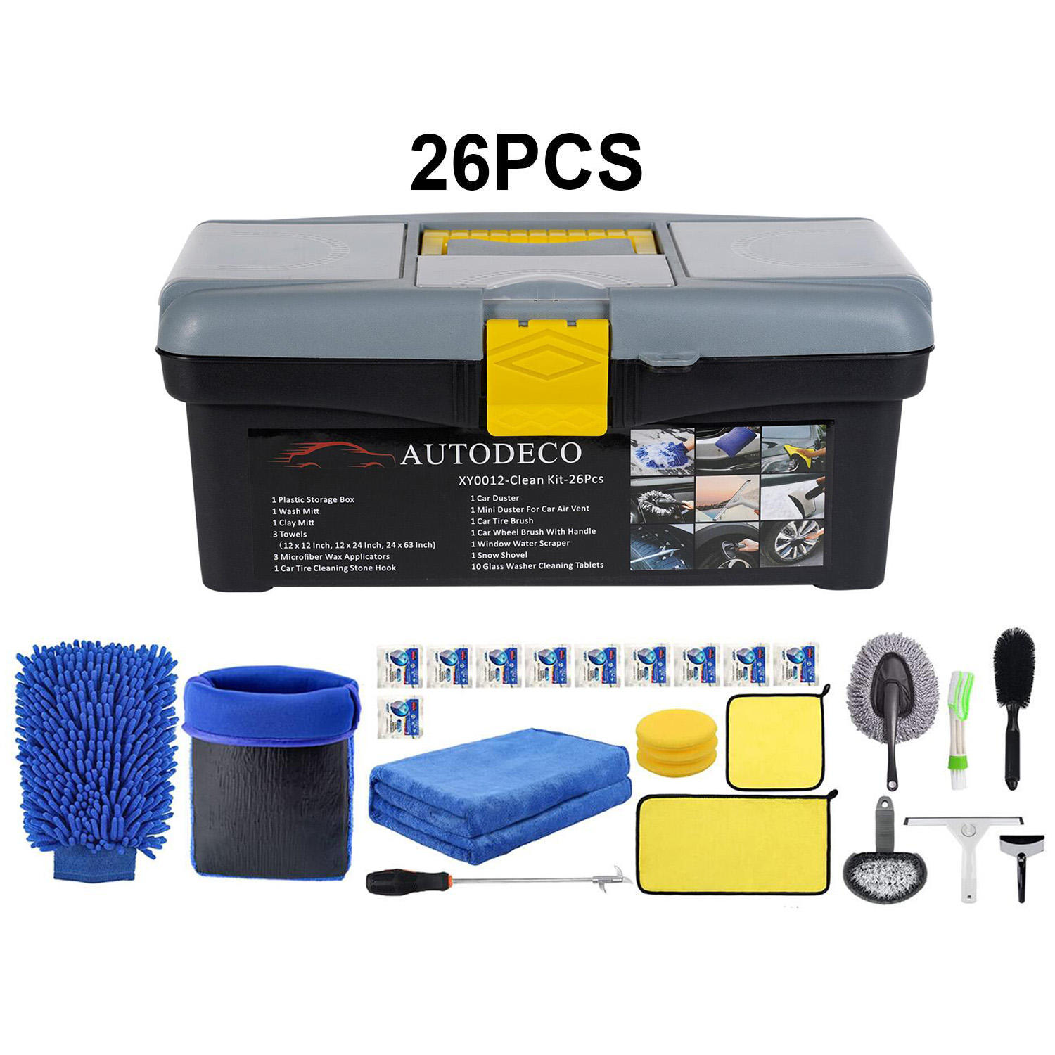 26Pcs in 1 Interior Car Care Wash Accessories Cleaning Detailing Tools Kit Set with Storage Box Snow Shovel Microfiber Cloths